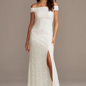 Allover sequin off-the-shoulder sheath dress